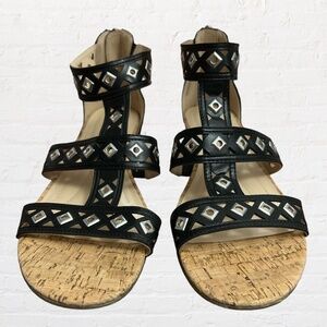 Andrew Geller Ideana Gladiator Sandals Black Silver Studded Cork Sole Zip 9.5
